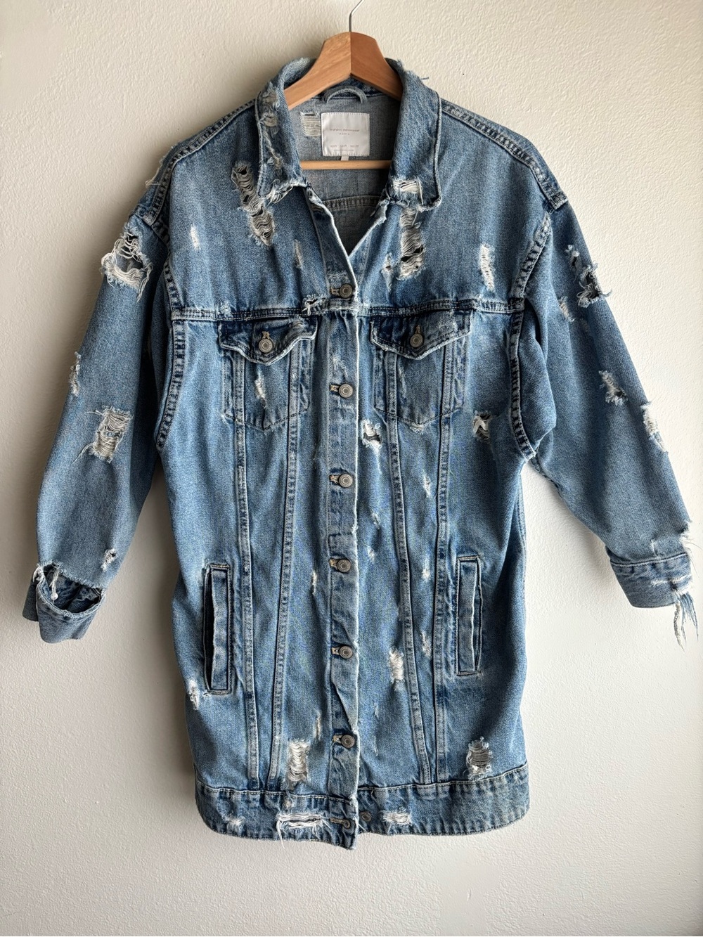 Zara Trafaluc Denimwear Oversized Distressed Longline Jean Jacket Women’s M